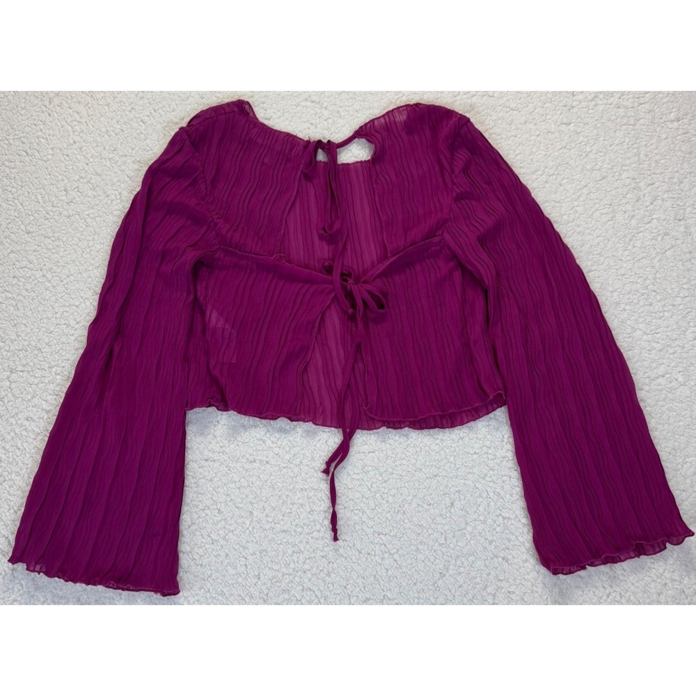 Urban Outfitters Magenta Purple Plisse Pleated Sheer Tie Back Crop Top Large - Picture 4 of 7